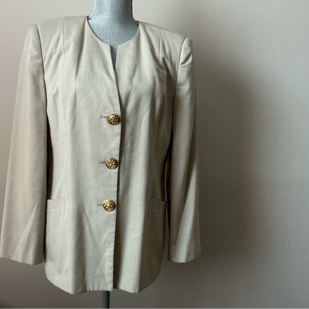 Vintage Y2K Oleg Cassini academia jacket grey gold button with pockets size 12